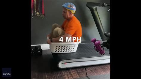 Dad Rides Laundry Basket On Treadmill