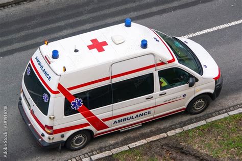 Top View At Volkswagen Transporter Ambulance Car Parked On A Road Stock