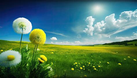 A Scenic Meadow Field With Lush Green Grass And Bright Yellow Dandelion