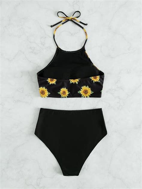 Shein Swim Vcay Sunflower Print Tankini Set High Neck Halter Top And High