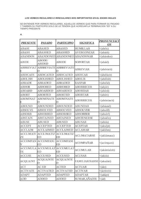 Docx Los Verbos Regulares E Irregulares Mas Importantes En El Idioma