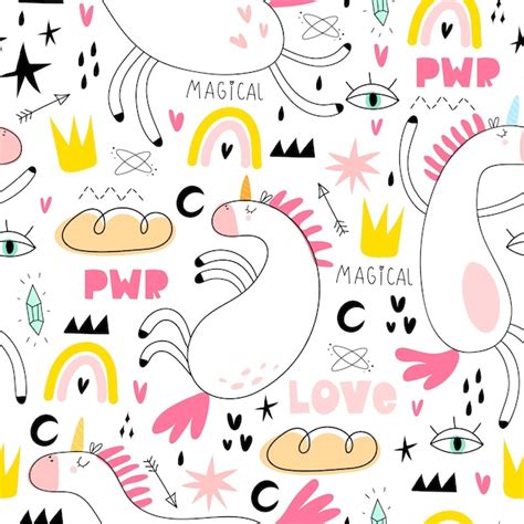 Premium Vector Seamless Pattern With Cartoon Unicorns Rainbows Clouds