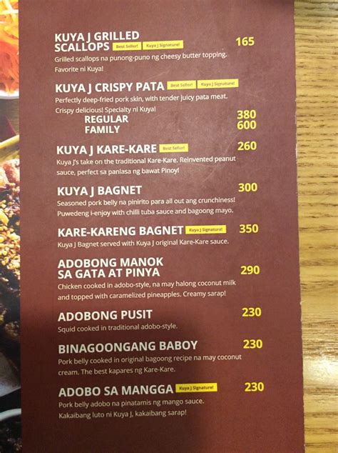 Menu at Kuya J Restaurant, Bacolod