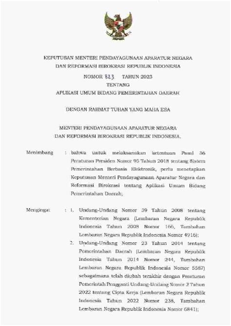 Keputusan Menteri Negara Pendayagunaan Aparatur Negara Dan Reformasi Birokrasi No 823 Tahun 2023