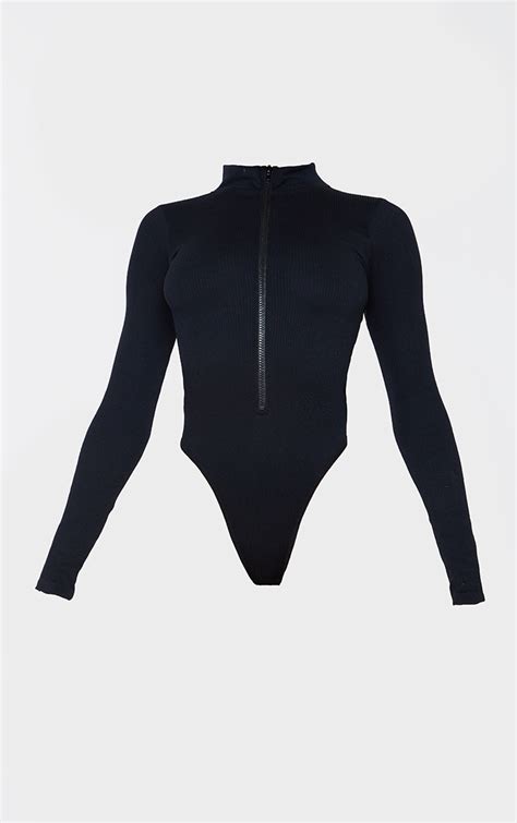 Black Contour Rib Zip Up Long Sleeve Bodysuit Tops