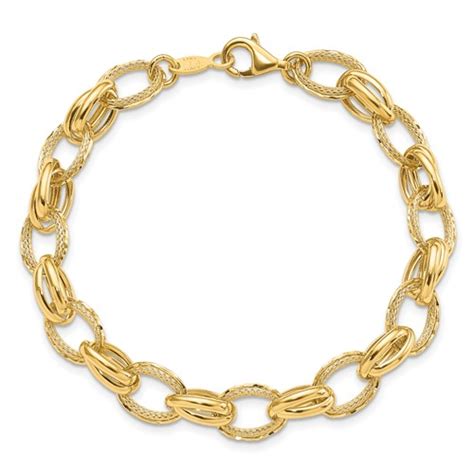 K Yellow Gold Polished And Textured Oval Fancy Link Bracelet In Lf