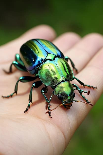 Premium AI Image | a green and blue beetle sitting on a persons hand