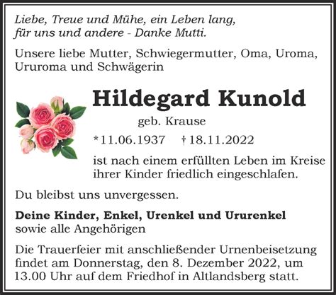 Traueranzeigen von Hildegard Kunold Märkische Onlinezeitung Trauerportal