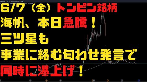 67（金）海帆、本日急騰！三ツ星も事業に絡む匂わせ発言で同時に瀑上げ！トンピン銘柄 Youtube