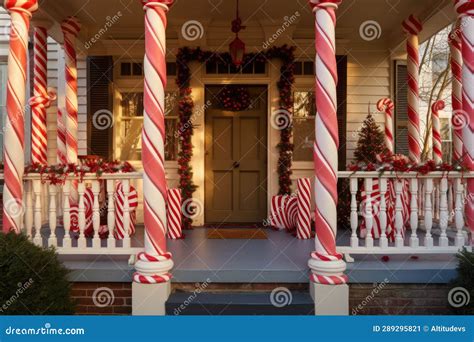 Candy Cane Pillars Supporting A Gingerbread House Porch Stock Image