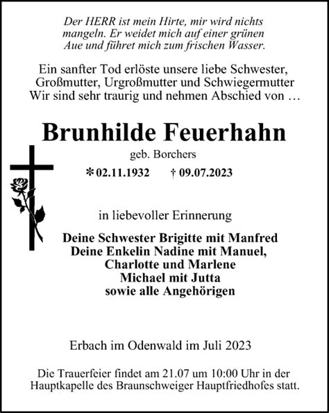 Traueranzeigen Von Brunhilde Feuerhahn Trauer38 De