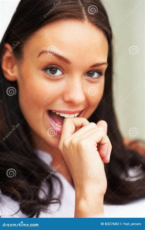 Beautiful Lady Biting Her Finger And Smiling Stock Image Image Of