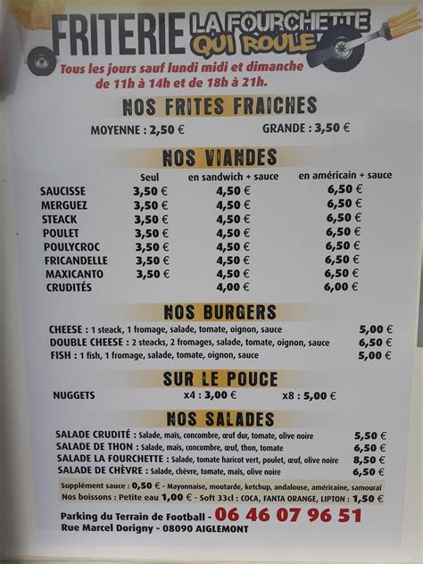 Menu Au Friterie La Fourchette Qui Roule Aiglemont