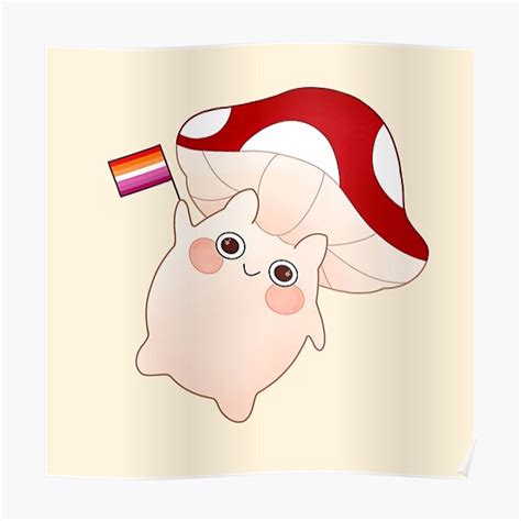 Cute Happy Waving Mushroom With Pride Lesbian Flag Poster For Sale By