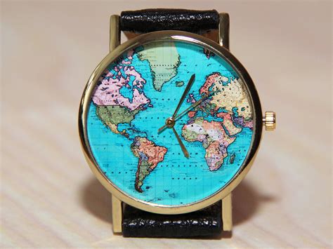 Wristwatches Travelers Wristwatch World Map Globe Clock Etsy Wrist