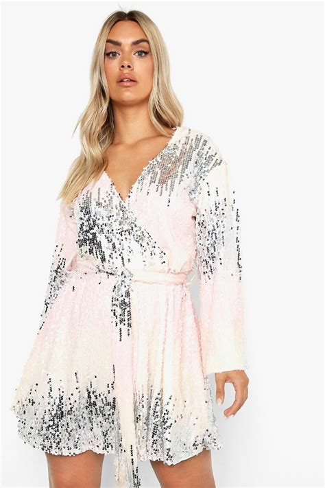 Plus Pastel Ombre Sequin Wrap Blouson Dress Boohoo Uk