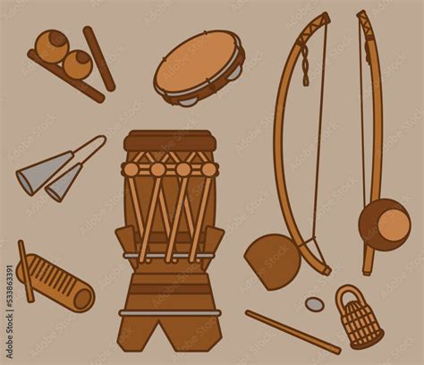 Capoeira Music Instrument Set Vector Illustration Icons For Berimbau