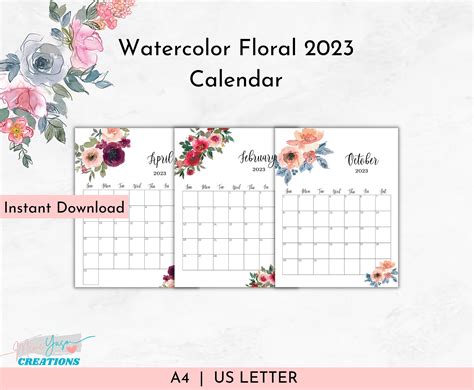 Floral 2023 Monthly Calendar Printable Calendar Template New - Etsy