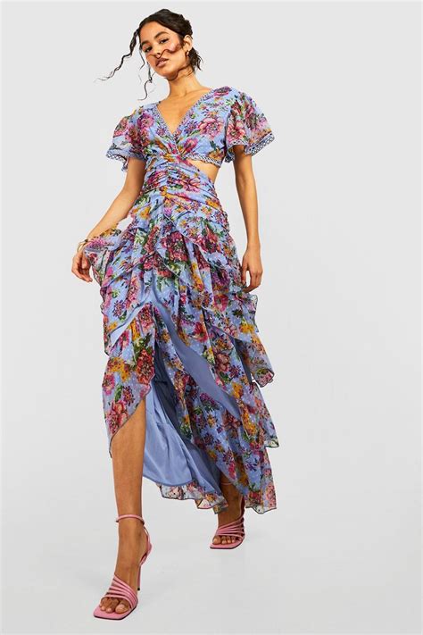 Floral Dobby Cut Out Ruffle Maxi Dress Boohoo Usa