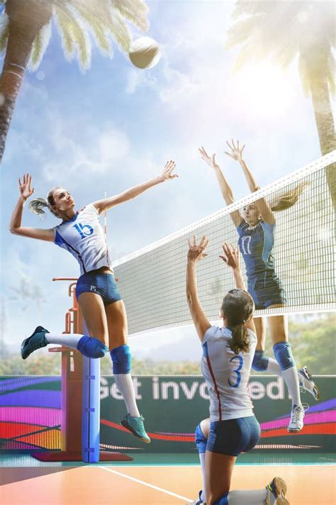 Female Professional Volleyball Players In Action On Grand Court Stock