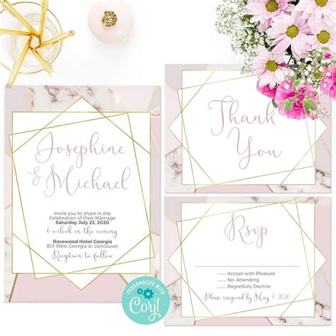 Wedding Stationery With Pink Flowers And Gold Foil