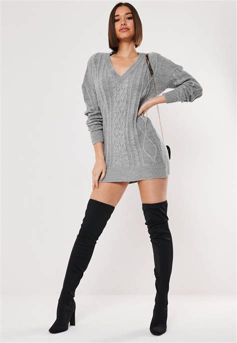 Gray V Neck Cable Knitted Sweater Dress Missguided Fashion Clothes