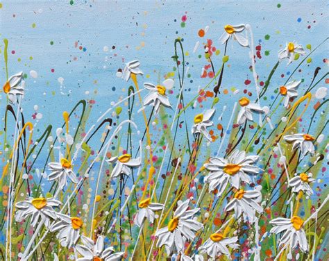 White Daisy Field, 24"x24", Impasto Floral Painting on Canvas, Original ...