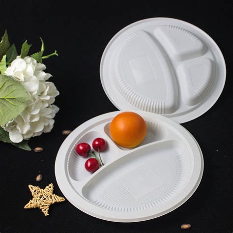 10 3 Compartments Biodegradable Dinner Set Corn Starch White Round