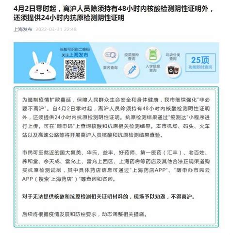 4月2日起，离沪人员须持有48小时内核酸阴性证明和24小时内抗原阴性证明 大河网