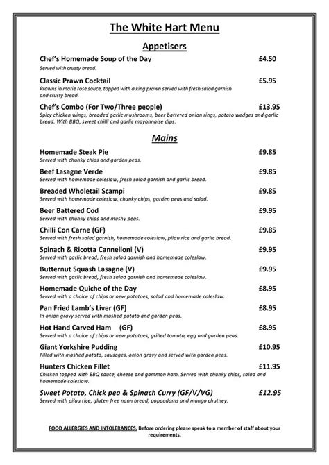 Menu The White Hart