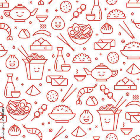 Vector Outlined Iconic Seamless Pattern Of Chinese Food Traditional Food Of Different Places Of