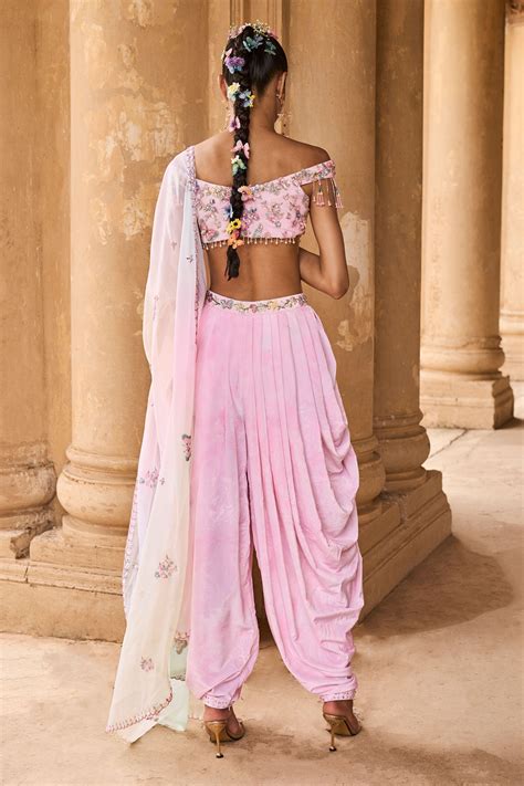 Buy Pink Velvet Embroidery Floral Straight Off Shoulder Crop Top Dhoti