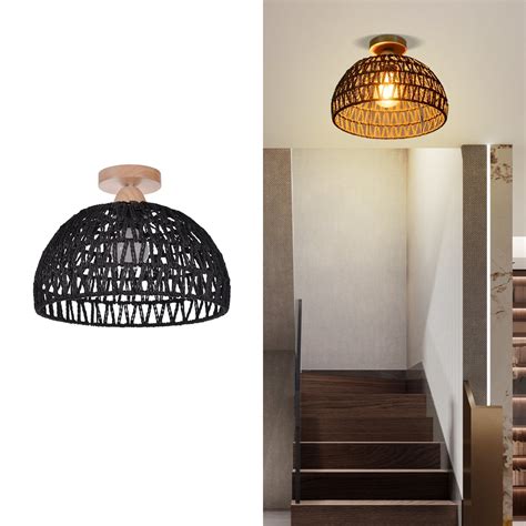 Arturesthome Black Hemp Rope Rattan Flush Mount Light Fixture Boho