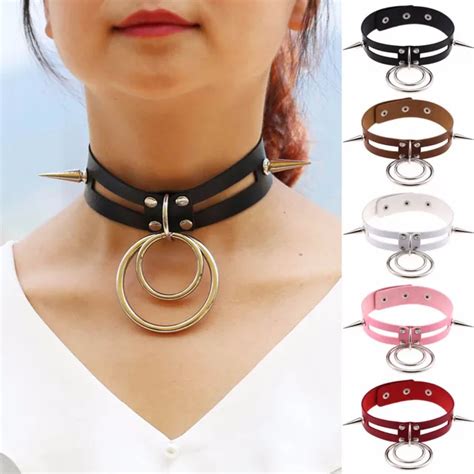 Sexy Handmade Leather Punk Chokers Necklace Goth Harajuku Two O Round Sharp Nail Rivet Necked