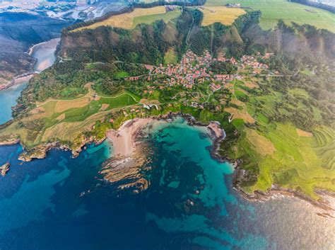 Aerial View Of Beautiful Colorful Beach Of Costa Verde Spain Stock ...