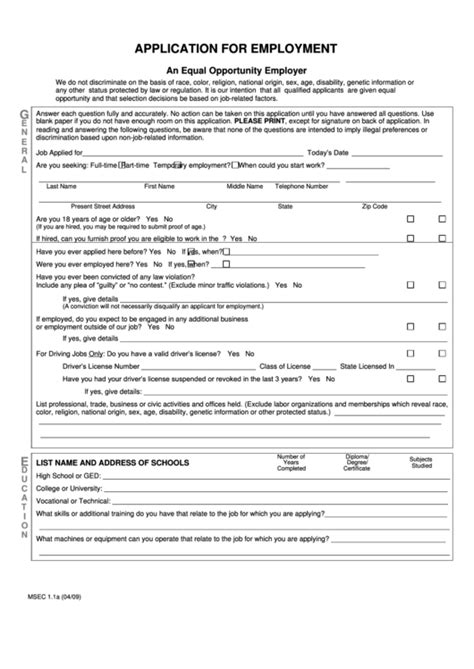 Form Msec 11a Application For Employment Printable Pdf Download