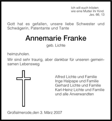 Traueranzeigen Von Annemarie Franke Trauer HNA De