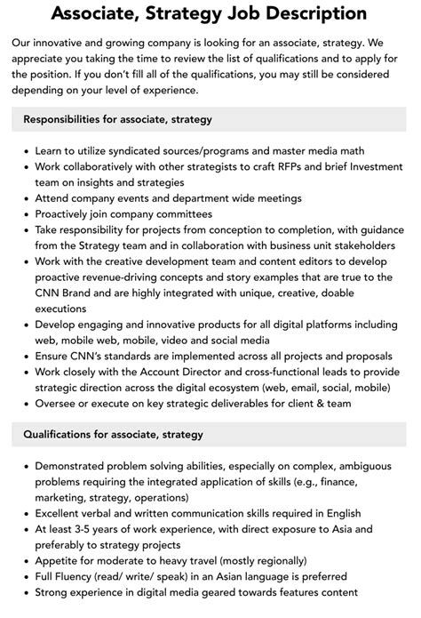 Associate Strategy Job Description Velvet Jobs