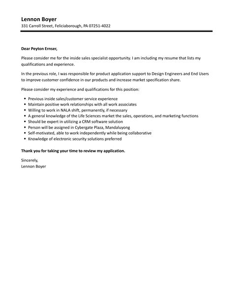 Inside Sales Specialist Cover Letter Velvet Jobs