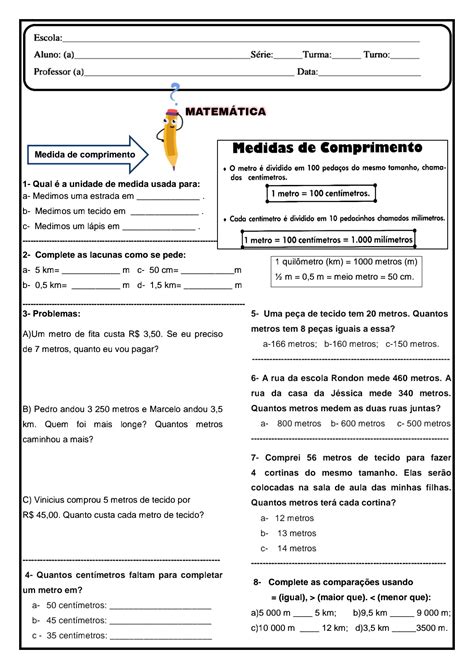 Atividades Sobre Medidas De Comprimento 3 Ano