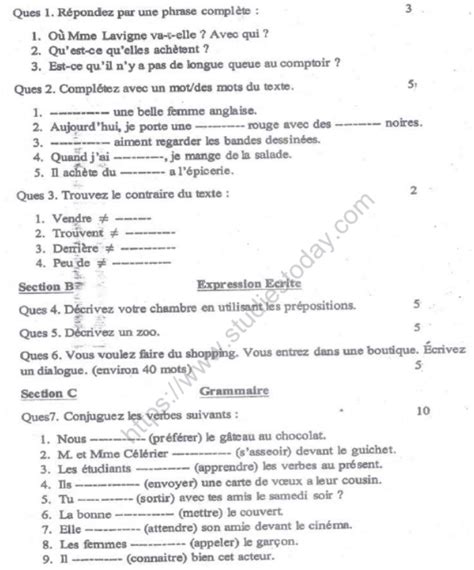 CBSE Class 8 French Sample Paper Set F