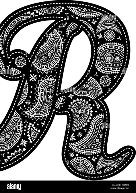 capital letter R with paisley pattern design. Embroidery style in black ...