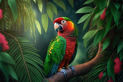 Premium Ai Image Parrot Perched On Tree Branch Surrounded By Lush