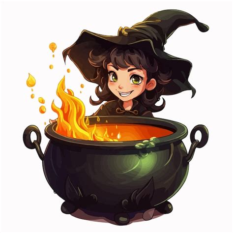 Premium Vector A Witch Cooks A Potion In A Cauldron Cartoon Vector