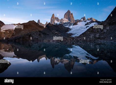 The Beautiful Peak Of Fitzroy Reflected In Laguna De Los Tres In Stock