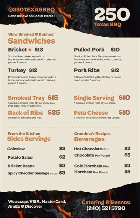 Menu at 2Fifty Texas BBQ, Riverdale Park