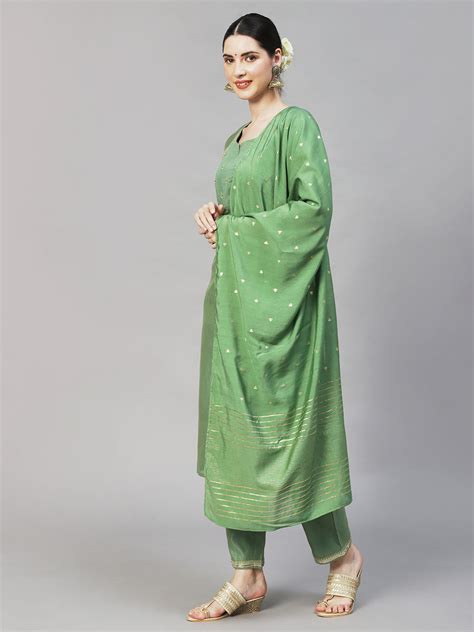 Buy Ishin Womens Green Yoke Design Straight Kurta With Trouser