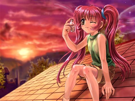 Pink Haired Female Anime Character Holding Bottle Sitting On The Roof