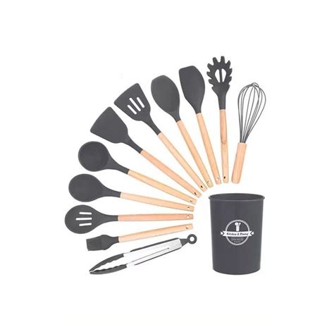 Buy 11 Piece Silicone Cooking Utensil Set With Holder And Hanger Hook Grey Brown One Size Online