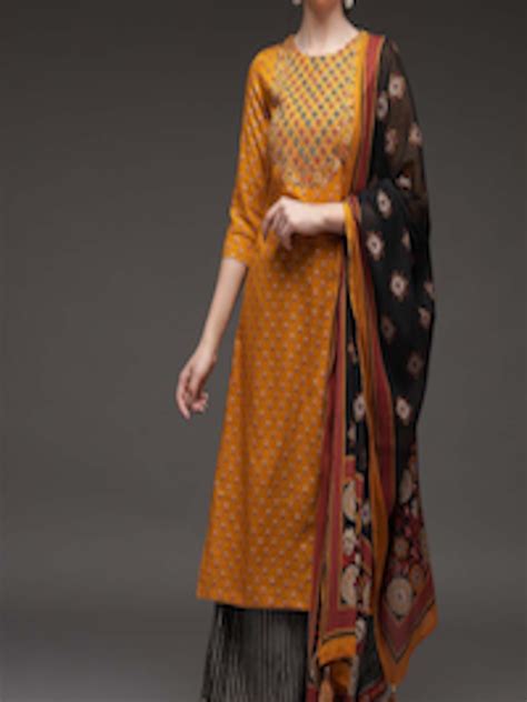 Buy Kalini Women Mustard Yellow Floral Embroidered Kurta With Palazzos